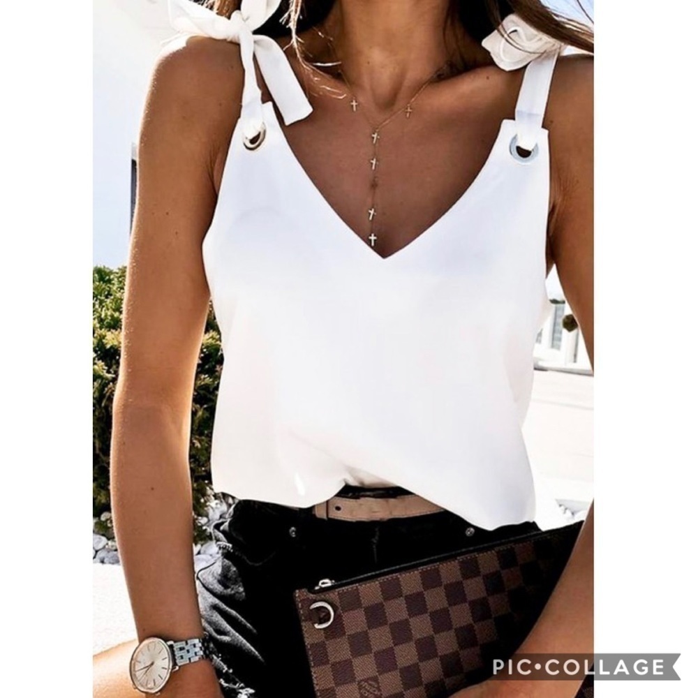 White V Neck Top w/Ties
